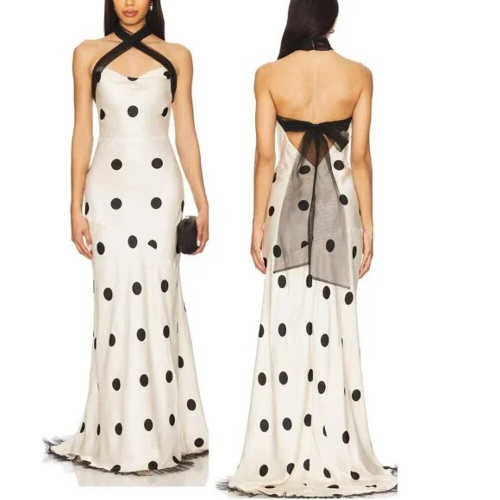 For Love & Lemons White Maxi Dress with Black Polka Dots